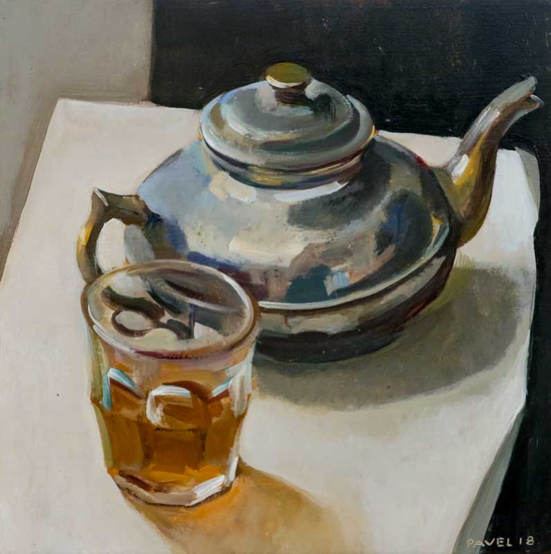 Pavel Feinstein, Stillleben mit Teekanne und Glas